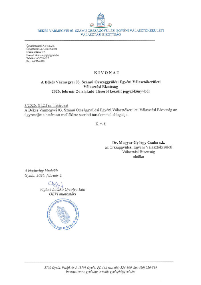 A Békés Vármegyei 03. Számú Országgyűlési Egyéni Választókerületi Választási Bizottság határozatai